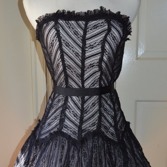 BLACK CROCHET & WHITE TULLE  MINI-DRESS STRAPLESS  CORSET BRA STYLE  BACK ZIPPER - Picture 1 of 12